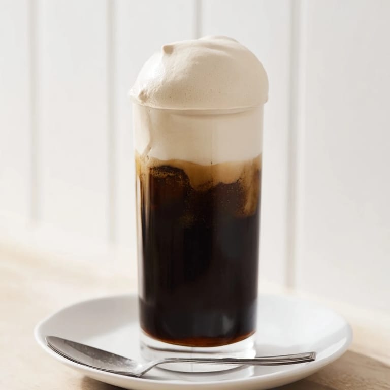Glistening vanilla Starbucks cold foam, dolloped perfectly, promises a decadent topping for your iced drink.
