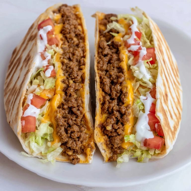 The satisfying crunch of a homemade Taco Bell Crunchwrap Supreme, ready to be sliced and devoured.