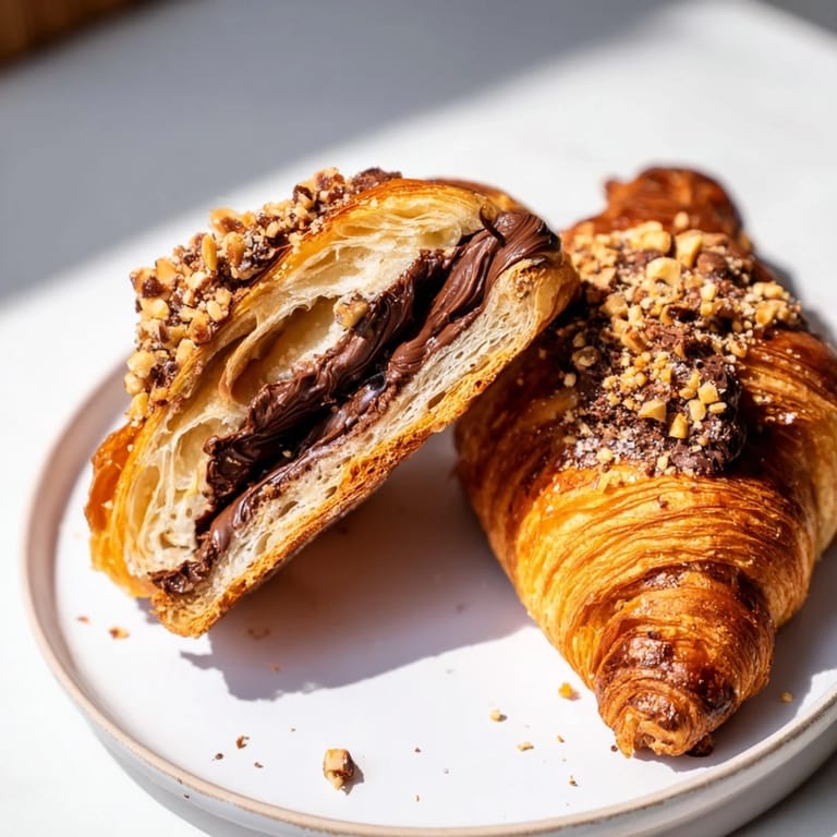 Easy-to-make 3-Ingredient Nutella Croissants topped with hazelnuts: a quick, delightful dessert treat in minutes!
