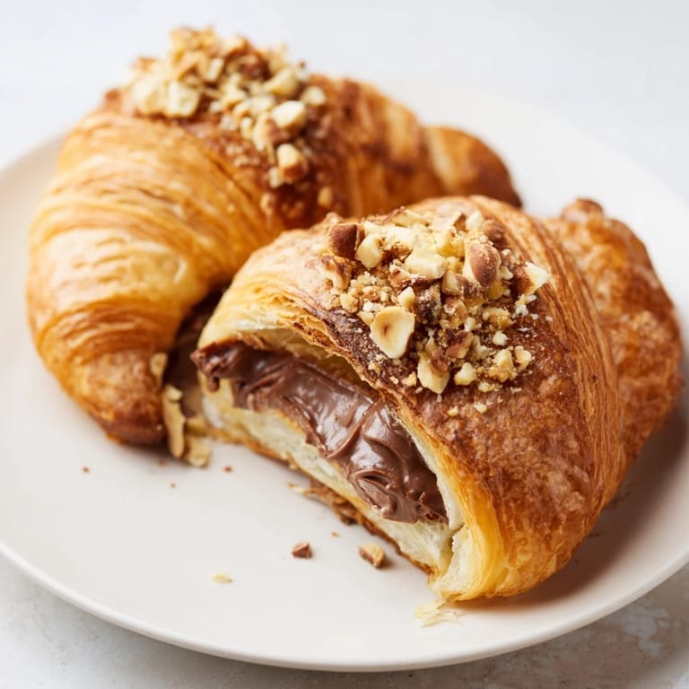 Warm 3-Ingredient Nutella Croissants, showing flaky layers and a rich, melted Nutella center, perfect for brunch.