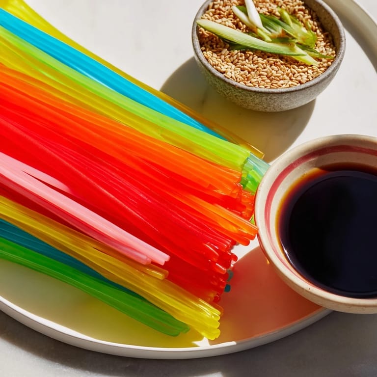 Refreshing Neon Noodle Clouds sit in a bowl, alongside the dipping sauce, ready to enjoy.