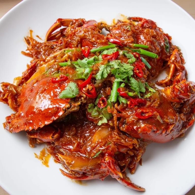 Enjoy delicious Singaporean chili crab with steamed buns; imagine the flavors and textures.