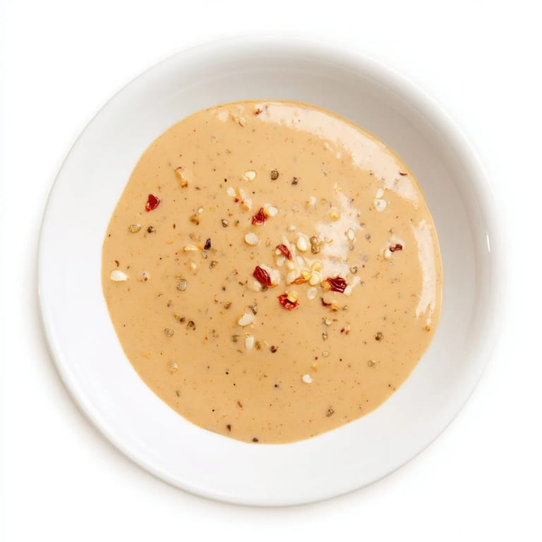 Thick, glossy Indonesian satay sauce being stirred in a saucepan; it smells of peanuts and fragrant spices.