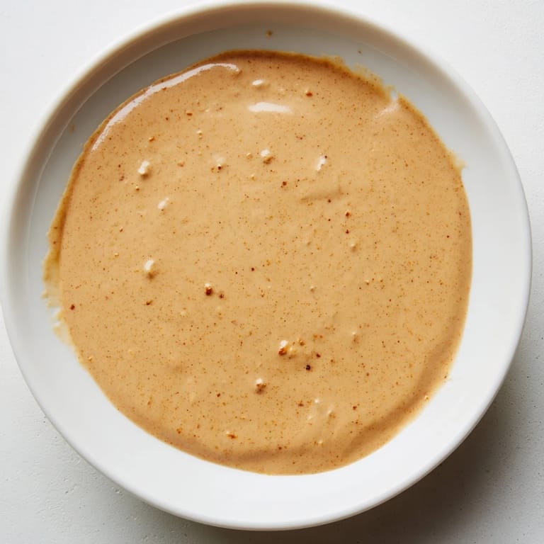 Close-up of a luscious Indonesian satay sauce, perfect for dipping, with flecks of chili and spices.