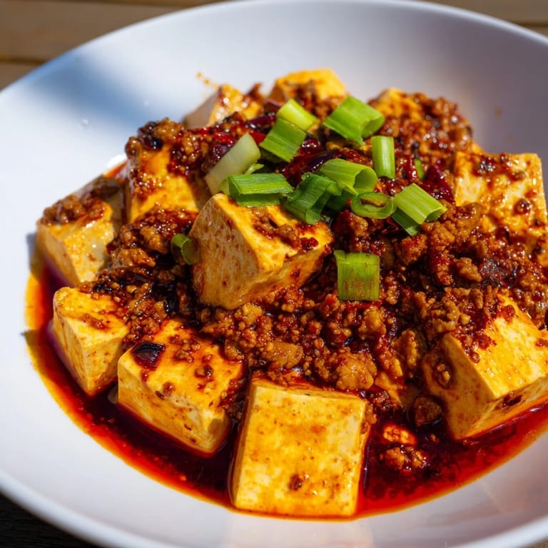 A photo of sizzling Chinese Mapo Tofu, served over fluffy rice, ready to enjoy.