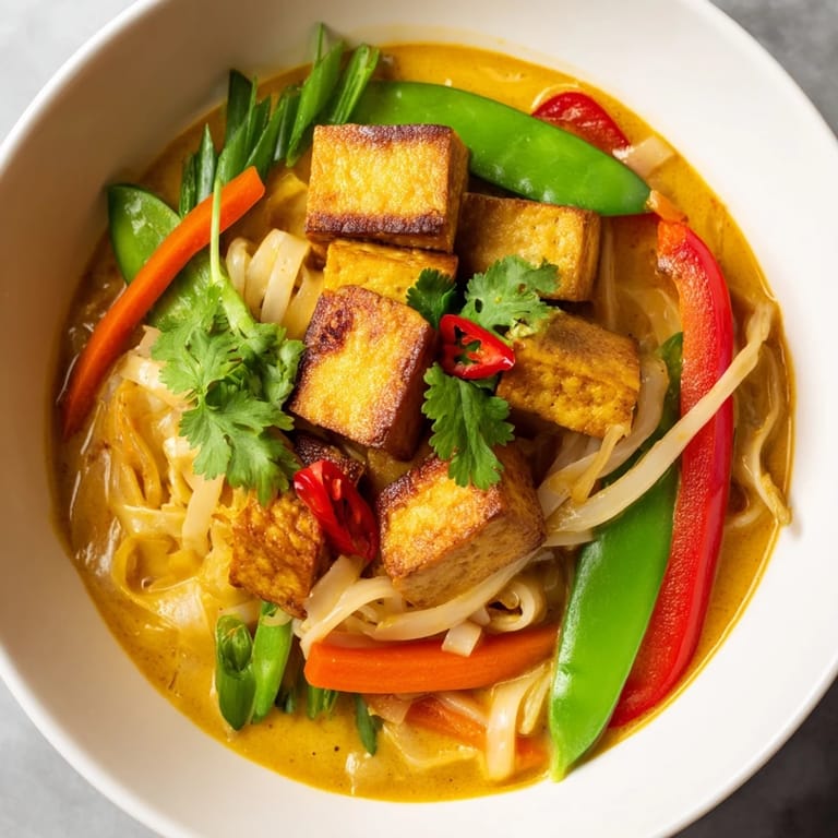 Bowls of Malaysian Laksa curry show off a rich, coconut milk broth with fresh garnishes and lime.