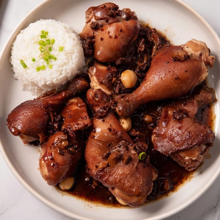 Aromatic Filipino Chicken Adobo, with braised chicken and a rich, savory sauce in a warm skillet.