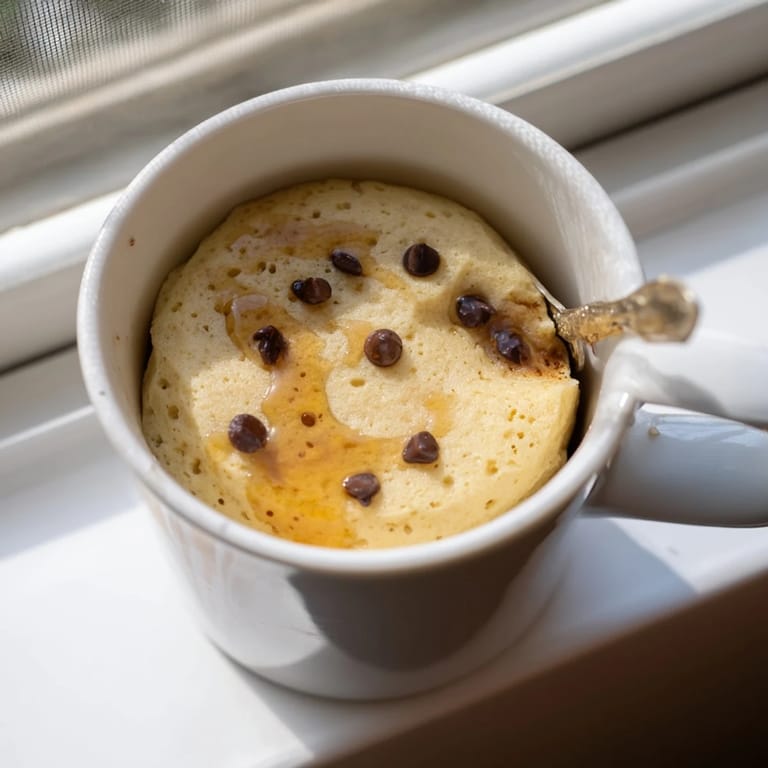 Golden microwave mug pancakes are served warm in a mug, topped with a pat of butter and syrup.