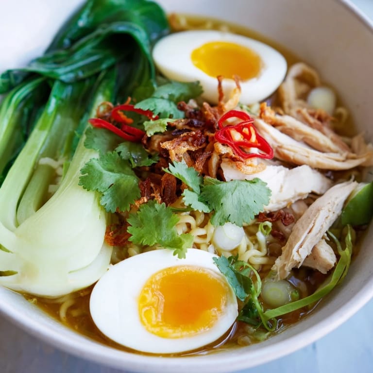 Sizzling Thai Miso Ramen Bowl with shredded chicken, halved eggs, and bok choy, ready to be enjoyed with crunchy fried shallots and fresh herbs.