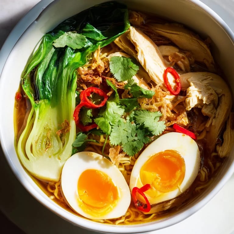 Thai Miso Ramen Bowl served in a rustic ceramic bowl, topped with cilantro, scallions, chili slices, and a bright lime wedge for garnish.