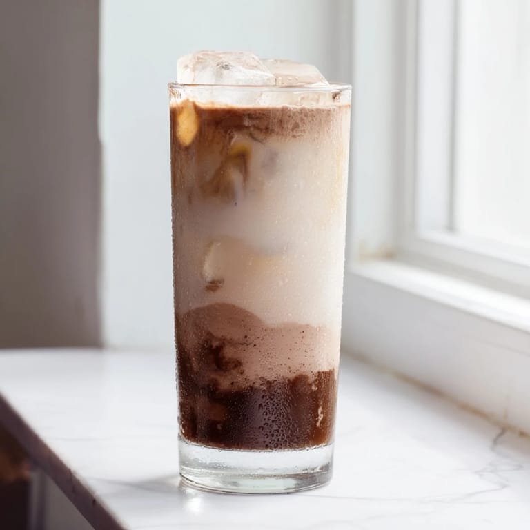 Homemade Milo ice latte in a clear glass, layered with rich chocolatey syrup, cold milk, and ice cubes, ready to sip.