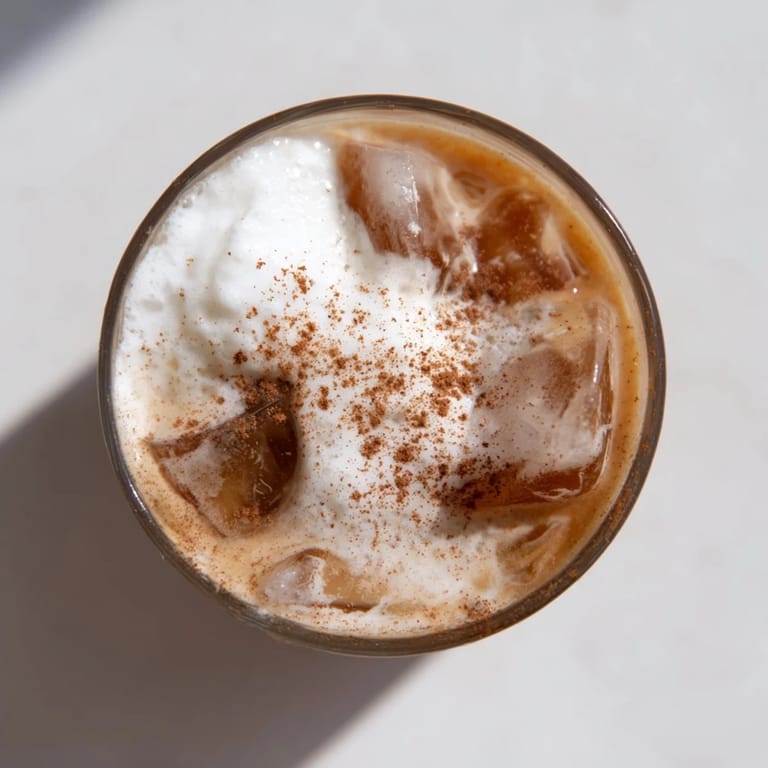 Iced Chai Tea with Cold Foam sits in a clear glass over ice, the velvety cold foam layer inviting a refreshing sip.