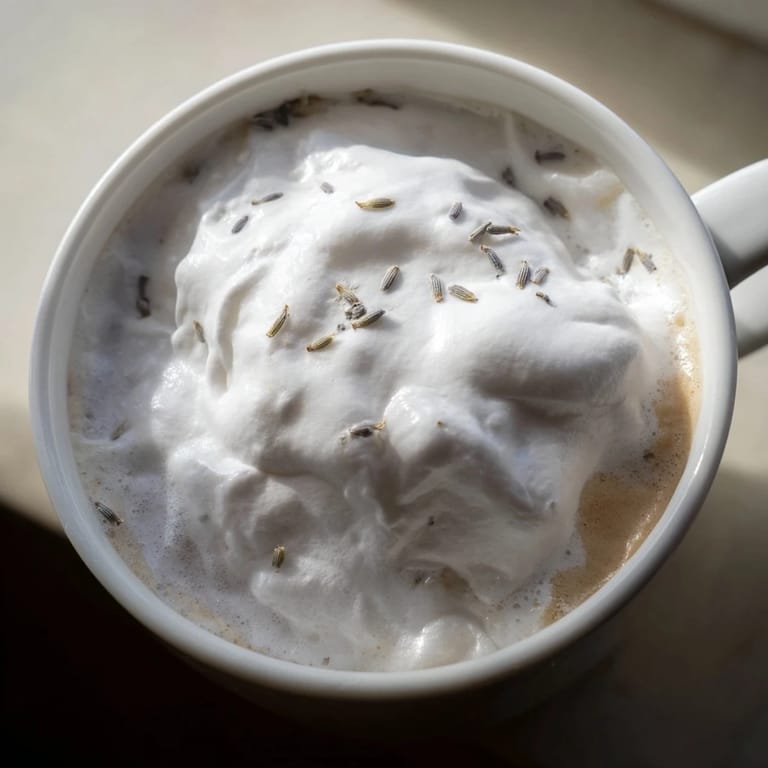Two Whipped Lavender Lattes topped with cloud-like foam beside a jar of lavender syrup.