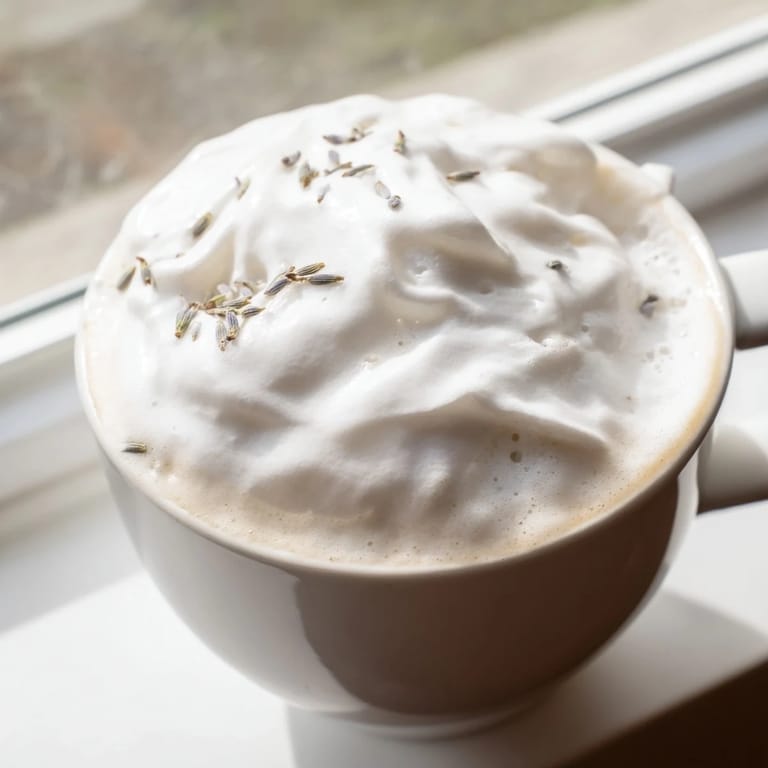 Decadent Whipped Lavender Latte featuring espresso, steamed milk, and floral foam for a relaxing treat.