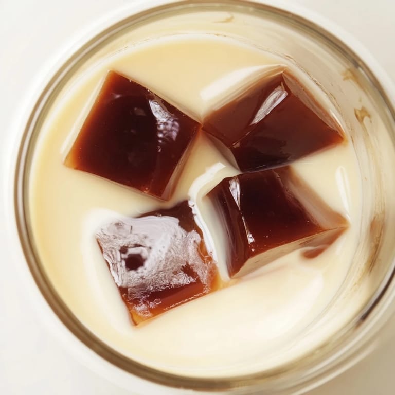 Chilled Coffee Jelly Drink featuring glossy brown cubes in a creamy white blend, ready to be enjoyed with a straw for a playful sip.