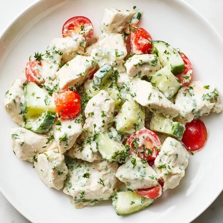 A vibrant serving of avocado ranch chicken salad on a bed of mixed greens, perfect for a light lunch.  