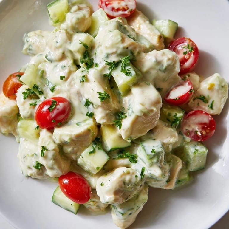 Close-up of diced avocado ranch chicken salad with celery, red onion, and herbs in a rustic bowl.