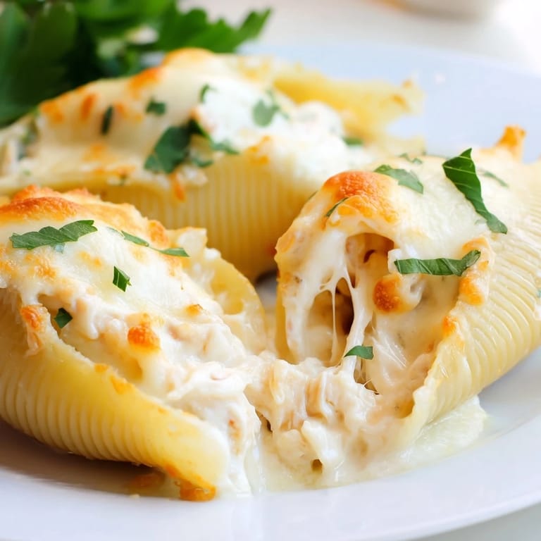 Baked jumbo shells filled with creamy Chicken Alfredo Stuffed Shells rest in a dish next to a green salad.