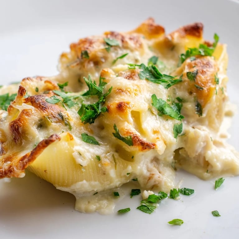 A fork lifts a cheesy shell from the Chicken Alfredo Stuffed Shells, revealing the rich, creamy filling inside.
