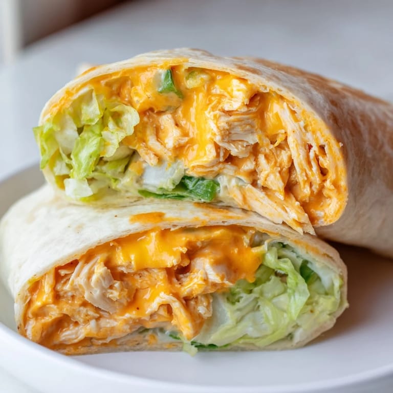 Overhead view of freshly assembled Buffalo Ranch Chicken Wrap on a wooden cutting board, loaded with juicy chicken, cheese, and lettuce.