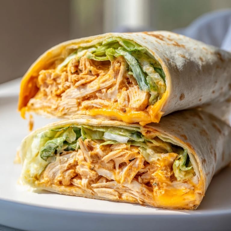 Spicy Buffalo Ranch Chicken Wrap served on a white plate with celery sticks and extra ranch and buffalo sauce for dipping.