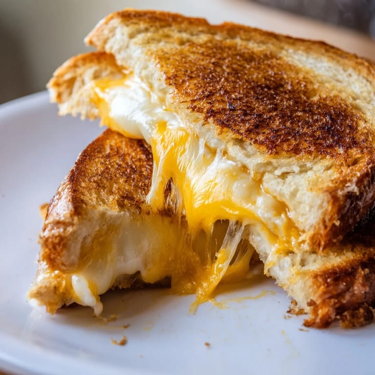 Two halves of a Three-Cheese Grilled Cheese on a plate, served beside a bowl of creamy tomato soup.