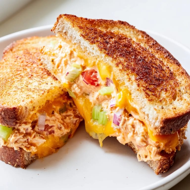 Buttered, crispy sourdough bread revealing layers of zesty tuna salad and melted pepper jack cheese in the Spicy Tuna Melt.