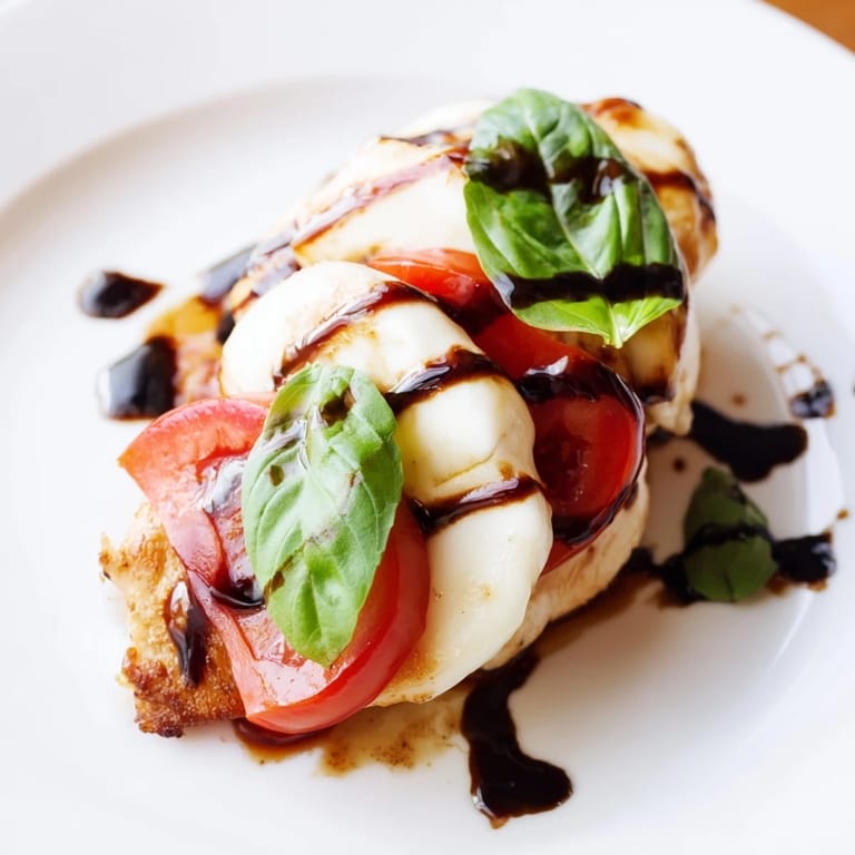 Juicy Caprese Chicken Skillet features tender chicken breasts layered with creamy mozzarella and vibrant tomatoes, garnished with basil and ready to serve.