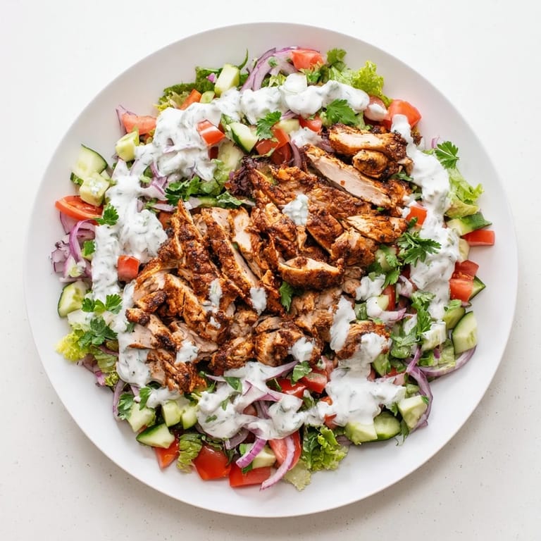 Vibrant Middle Eastern chicken shawarma salad features spiced meat, fresh vegetables, and herbs, finished with a cool, garlicky yogurt dressing.