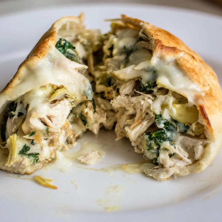 Close-up of Spinach Artichoke Chicken Stuffed Pita halves, revealing tender chicken, spinach, and melted cheese.  