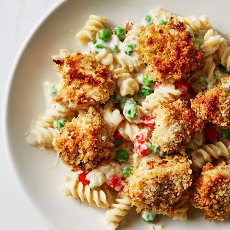 Crisp panko-breaded chicken rests atop a colorful pasta salad with peas and bell peppers, drizzled with a creamy dill ranch dressing.