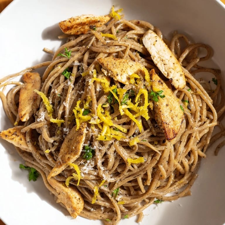 Serving suggestion for Brown Butter Lemon Chicken Pasta with extra lemon wedges and grated Parmesan beside a glass of crisp white wine.
