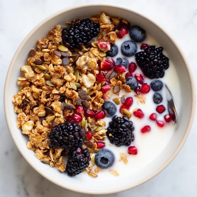 Close-up of a wholesome Yogurt Bowl with Winter Berries and Spiced Crunch, featuring colorful berries and a golden oat topping.