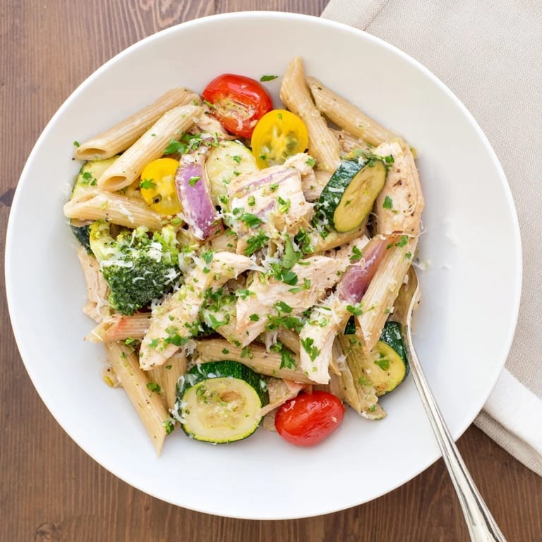 Garlic herb chicken and veg pasta served warm, with tender penne, colorful vegetables, and a sprinkle of Parmesan and fresh herbs.