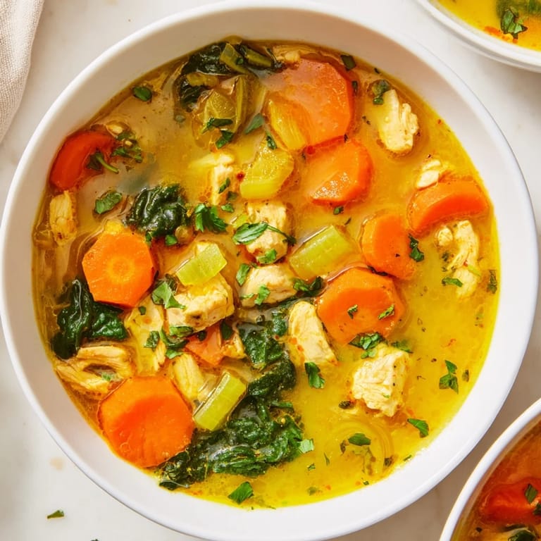 Serving suggestion for turmeric chicken soup in a rustic bowl, topped with fresh cilantro and a lemon wedge, ideal for gluten-free comfort food.