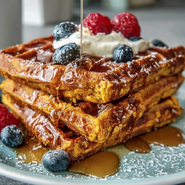 Warm Anti-Inflammatory Turmeric Waffles, showcasing vibrant golden color, drizzled with maple syrup.