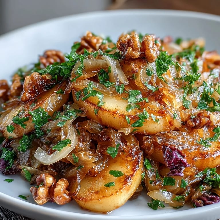 Tangy warm apple and sauerkraut skillet salad, a hearty, flavorful side dish.