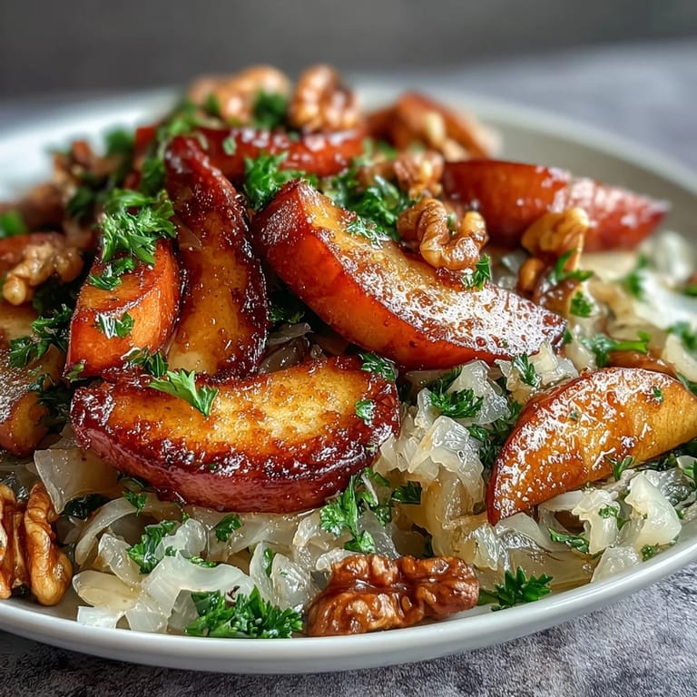 Savory skillet warm apple and sauerkraut salad, perfect for a comforting meal.