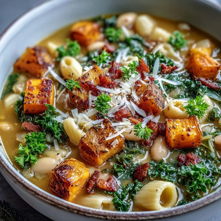 Homemade Fall Minestrone featuring kale, pancetta, and Parmesan served with crusty bread on the side.