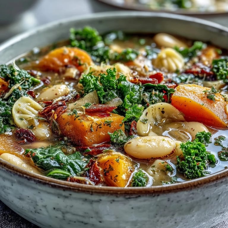 Close-up on a hearty bowl of Winter Minestrone Soup, showing beans, zucchini, and pasta in savory broth.