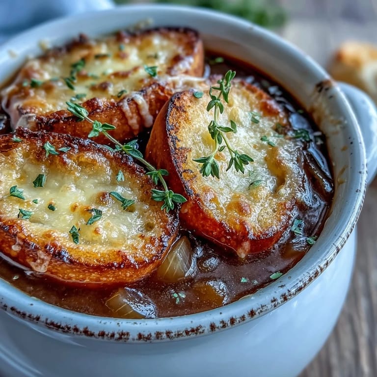 Homemade Dutch Oven French Onion Soup served in a rustic bowl, garnished with fresh thyme and paired with a crisp salad.