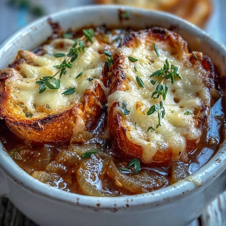Steam rises from a bowl of Dutch Oven French Onion Soup, featuring thick melted cheese and toasted bread under a broiler.