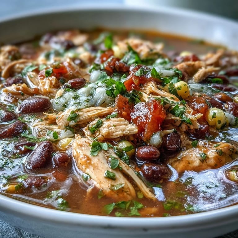 Close-up of Southwestern Turkey Soup topped with melted cheese and a lime wedge beside colorful vegetables.