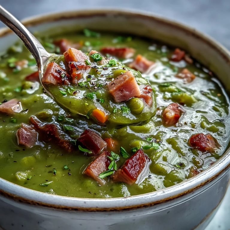 Creamy Split Pea and Ham Soup simmering in a pot, featuring tender peas, carrots, and chunks of savory ham.