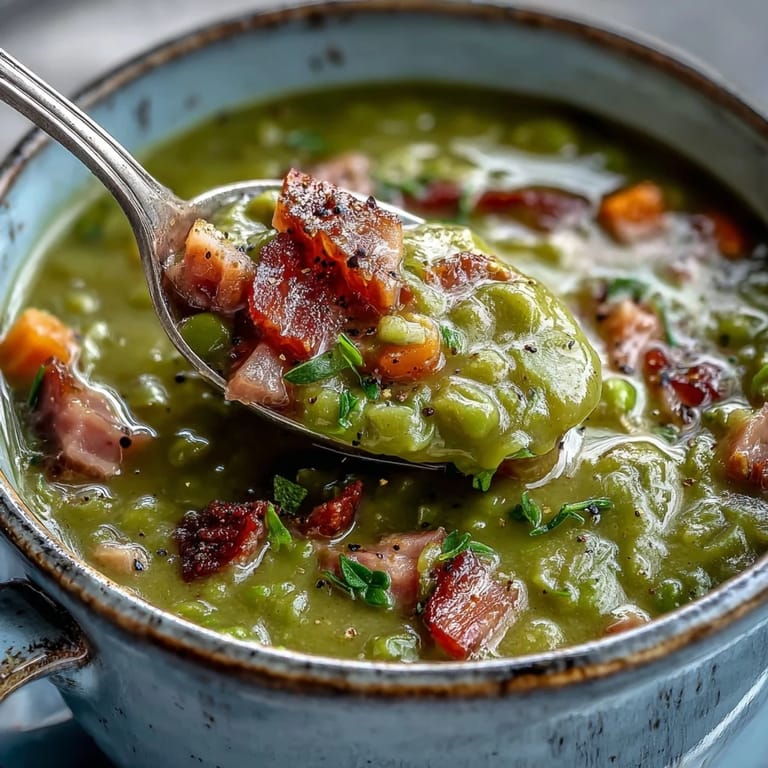 Homemade Split Pea and Ham Soup served in a dark bowl, paired with crusty bread on a cozy wooden table.