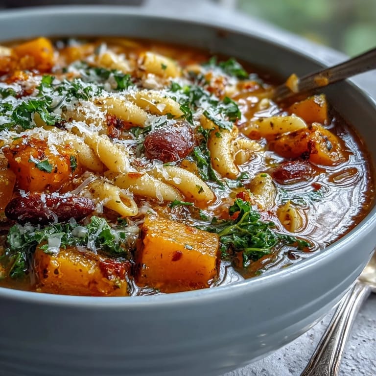 Spoon lifting a portion of Winter Minestrone Soup with Butternut Squash and Kale, revealing chunky squash and greens. 