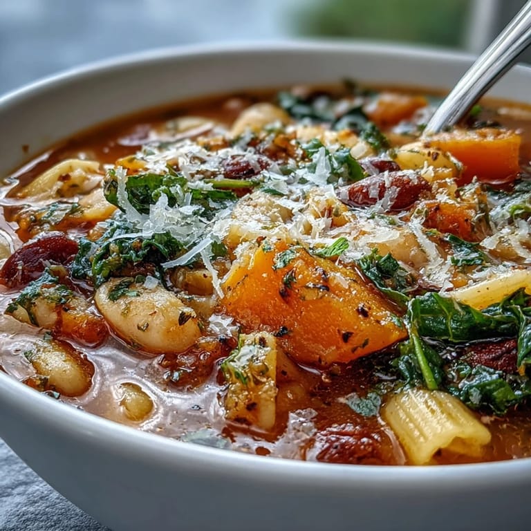 Hearty bowl of Winter Minestrone Soup with Butternut Squash and Kale topped with Parmesan, ready to serve.