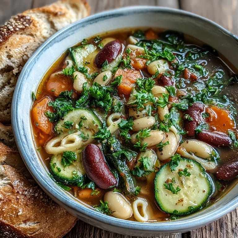 Creamy white beans and small pasta swim in a tomato-based vegetable broth in this Minestrone Soup.