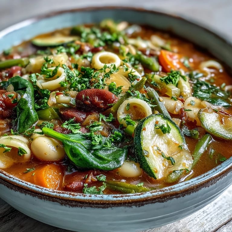 Spoonful of classic Minestrone Soup in a cozy bowl, steam rising over beans, pasta, and spinach.
