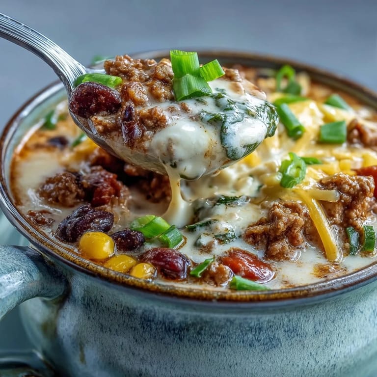 Spoonful of Creamy Taco Soup revealing ground beef, black beans, and corn in a velvety, cheesy broth.